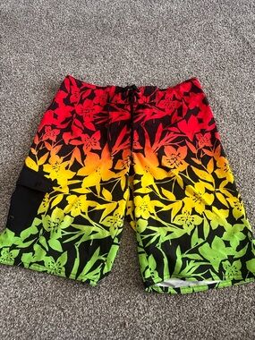 Hang Ten Black Board Shorts with Red, Yellow & Green Floral Fade